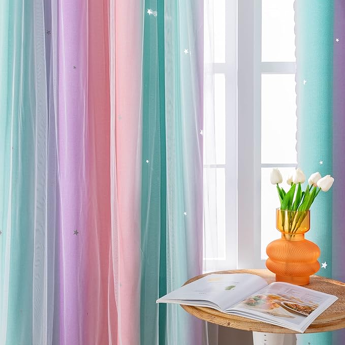 XiDi Pink Green Curtains 108 Inches Long, Unicorn Wall Decals for Kids Rooms, Purple Curtains for Toddler Bedroom, Wall Decals for Girls Dedroom Curtain 52 Inches Wide 1 Panel