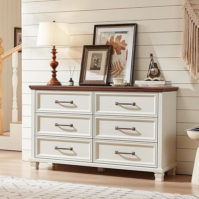 Farmhouse White 6 Drawer Dresser for Bedroom, 54 inch Wide Vintage Large Chest of Drawers with Square Wood Legs, Rustic TV Console for Living Room, Wooden Storage Closet Dressers for Home