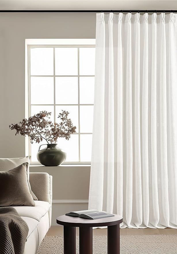 90 Inches Long Linen Curtains 60 Inch Width Pinch Pleated 90 Inch Length for Living Room Bedroom Ivory Off White Semi Sheer Back Tab Hooks Rings Pinch Pleat Curtains for Patio Glass Door 1 Panel