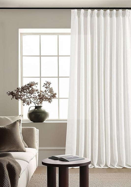 90 Inches Long Linen Curtains 60 Inch Width Pinch Pleated 90 Inch Length for Living Room Bedroom Ivory Off White Semi Sheer Back Tab Hooks Rings Pinch Pleat Curtains for Patio Glass Door 1 Panel