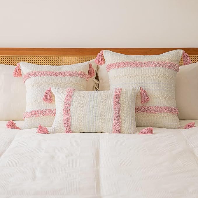 Boho Throw Pillow Covers 20x20 Set of 2 Woven Tufted Farmhouse Pillows Cover with Tassels Textured Striped Cushion Case Neutral Pillow Cases Decorative Pillowcase for Sofa, Couch, Bed, Pink