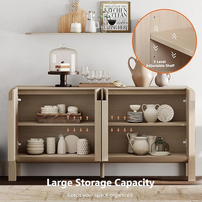 WAMPAT 63" W Large Buffet Sideboard Cabinet with Storages, Modern Buffet Table Coffee Bar Wine Bar Storage Curved Cabinet with 4 Doors for Dining Room, Living Room, Kitchen, Light Oak