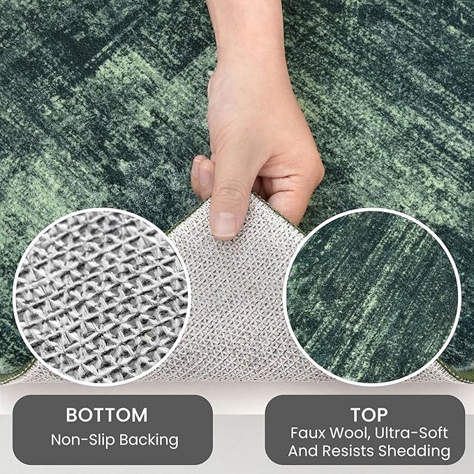 IOHOUZE Abstract Round Area Rug 8 Ft Washable Circle Rugs Large Round Rug Non Slip Thin Soft Circle Rugs, Printed Faux Wool Floor Carpet for Bedroom Living Room Dining Room Nursery, Dark Green