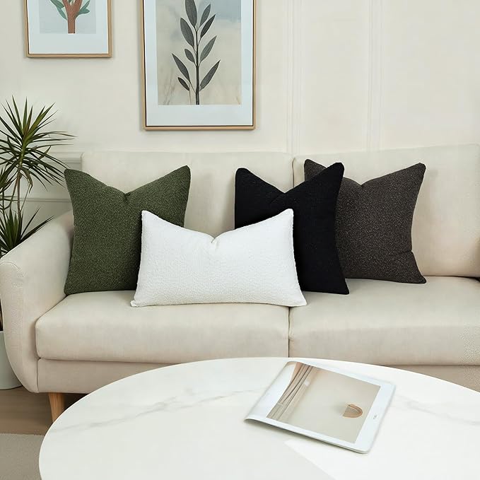 Textured Boucle Pillow Covers 12x20 Inch Set of 2, Striped Solid Pillowcases Cozy Soft Modern Accent Boho Lumbar Decorative Throw Pillows for Couch Sofa Bed Living Room Home Decor, White