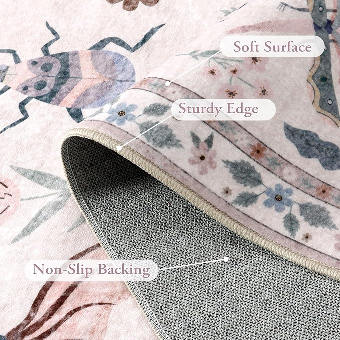 Lahome Insect Print Washable Rugs 8x10, Soft 8x10 Rugs for Living Room Dining Room Ultra-Thin, Non-Slip Modern Bedroom Rug Large Carpet Non-Shedding Accent Rug for Office Classroom(8x10ft,Pink)