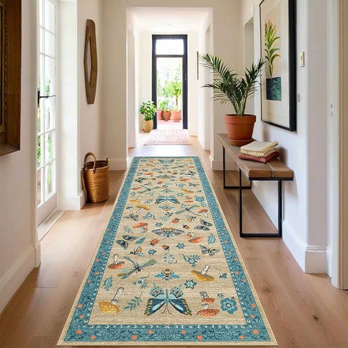 Mushroom Insect 2x6 Runner Rug for Hallway Washable Kitchen Rugs Non Slip with Rubber Back Khaki Blue Low-Pile Stain Resistant Indoor Carpet for Entryway Bathroom Laundry Dorm