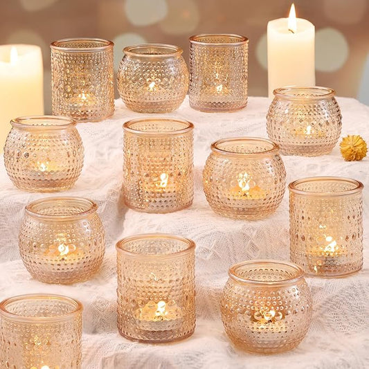 16 Pcs Assorted Gold Votive Candle Holders- Gold Candle Holders for Christmas Table Decorations, Glass Tealight Candle Holder for Thanksgiving, Fall, Wedding Table Centerpieces