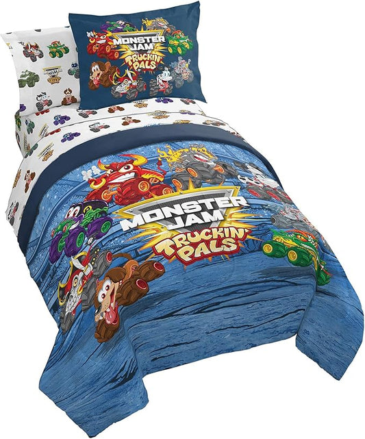 Monster Jam Truckin Pals 5 Piece Twin Bed Set - Includes Comforter & Sheet Set - Bedding Features Grave Digger & Megalodon - Super Soft Fade Resistant Microfiber (Official Monster Jam Product)