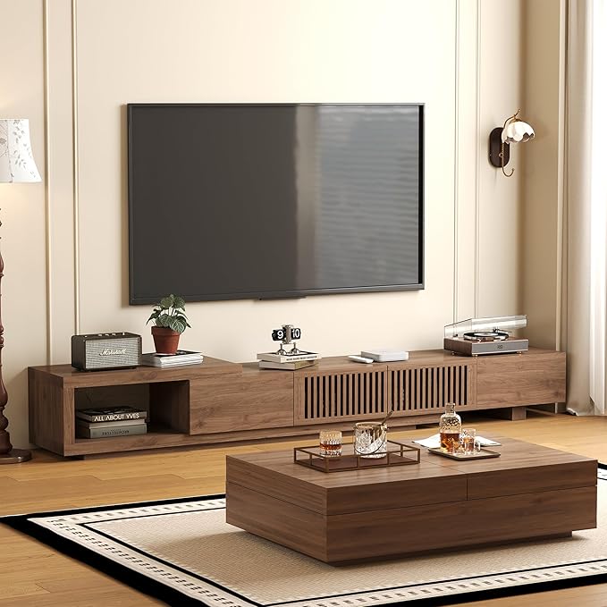 Mid-Century Modern TV Stand & Expandable Coffee Table Set, Walnut Finish, Stylish Storage Combo for Living Room or Bedroom (78.54“ to 103" TV Stand+Coffee Table)