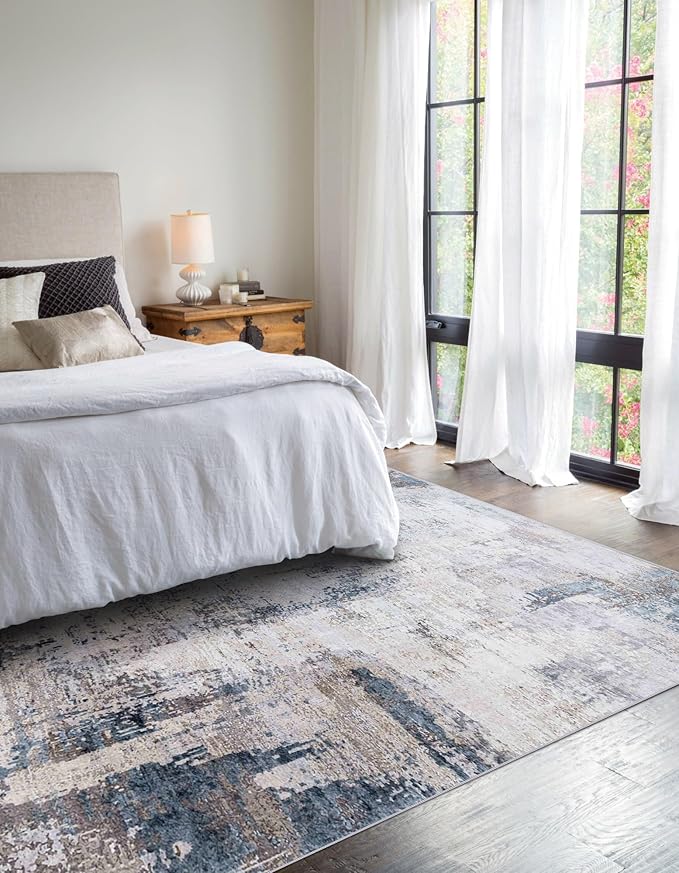 vivorug Washable Rug, Ultra Soft Area Rug 4x6, Non Slip Abstract Small Rug, Stain Resistant Rugs for Living Room Bedroom, Modern Fluffy (Gray/Navy, 4'x6')