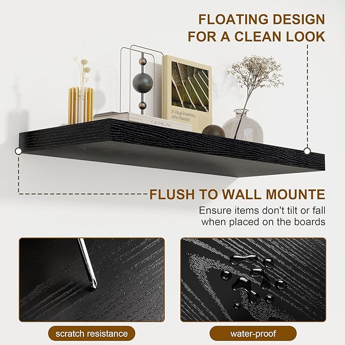 Black Floating Shelves 22.5 Inch Long, 8 Inch Deep Floating Shelf Wall Mounted, Rustic Wood Bathroom Shelves for Storage, 22.5x8 Deep Shelf Set of 2 with Invisible Brackets for Books|Storage|Decor