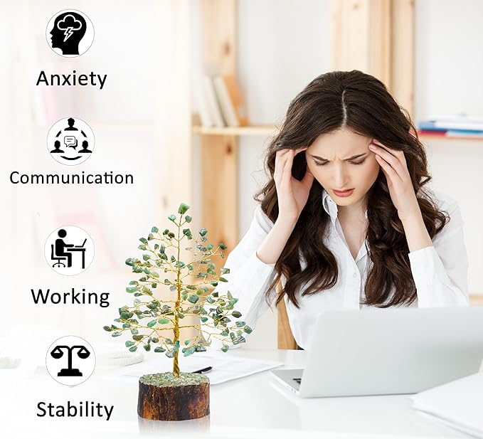 "Green Aventurine Healing Crystal Tree Bonsai, Desk Decor for Women Room & Office Decor Spiritual Gift Meditation Crystals for Home room decor cute house warming gifts for women Mom Birthday 7-8"""