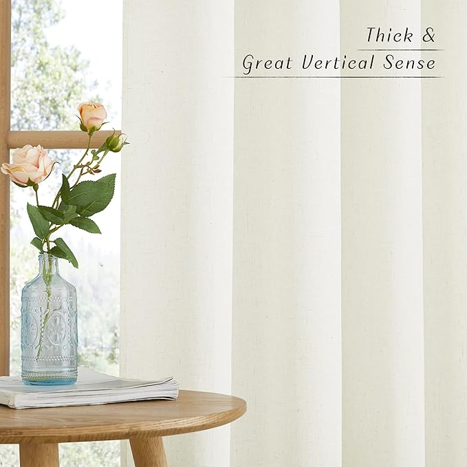NICETOWN Privacy Off White Linen Blend Curtains Extra Long 108" Long, Rustic Grommet Elegant Vertical Flax Semi Sheer Panels for Farmhouse/French Door, 110" W Total 2 Panels
