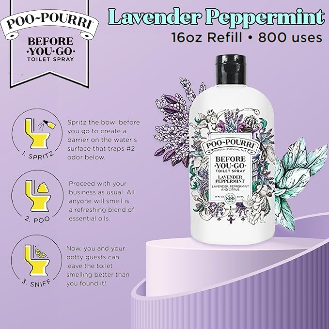 Poo-Pourri Before-You-Go Toilet Spray Refill, Lavender Peppermint, 16 Fl Oz, Up to 800 Uses, Bathroom Odor Deodorizer with Essential Oils for Home or Work, Lavender, Peppermint and Citrus Scent