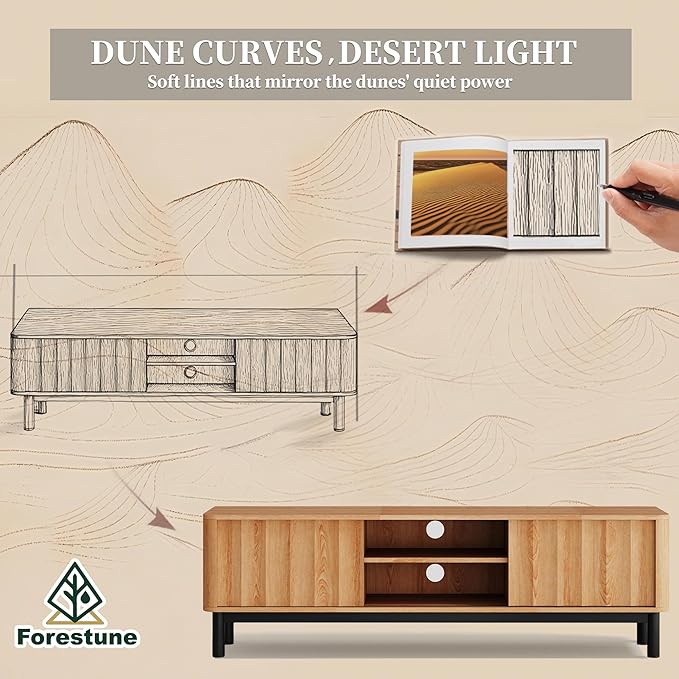 Brown Mid Century Modern TV Stand, Wood Fluted Living Room TV Stands with Storage Sliding Doors, Desert-Inspired Design MCM Entertainment Center for 55 60 65 70 75 55+ 60+ 65+ 70+ Inch