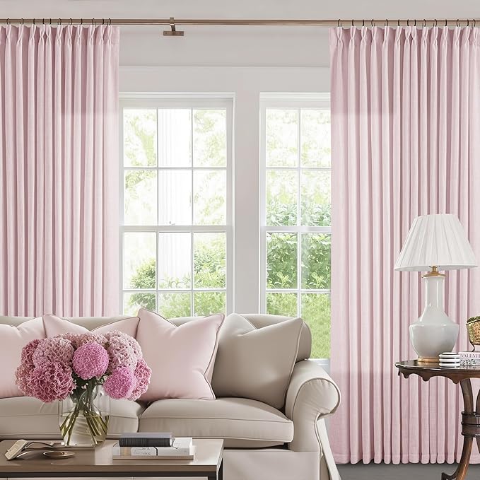 80 Inch Pink Pinch Pleated Semi Sheer Curtains for Girls Bedroom Living Room Pleat Memory Shape Trained Light Filtering Linen 80 Inch Curtains Drape Window Panels Baby Pink Blush Nursery