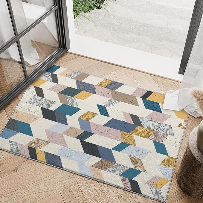 Bathroom Rug 3x5 Entryway Geometric Collage Mat Wooden Floor Texture Modern Area Rug Boho Western Machine Washable Soft Rug Carpet for Entrance Beside Living Room Bedroom Kitchen Office Indoor