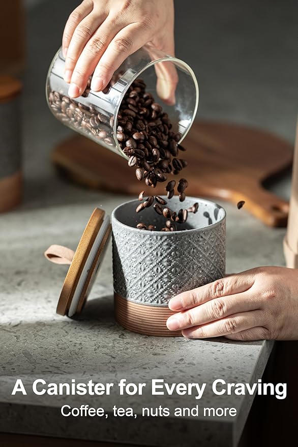 Ceramic Spice Jars with Lids, Coffee Canister with Airtight Lid, Small Kitchen Food Storage Jars for Spice Sugar Tea Bag, Stackable Decor Kitchen Jar for Counter - Gray & 20 fl.oz