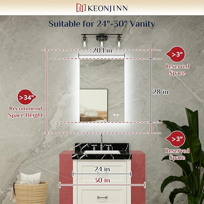 Keonjinn Backlit Mirror Bathroom 20” x 28”, Anti-Fog Mirror with Lights, CRI90+ HD Tempered Glass, Waterproof, UL Listed, Stepless Dimmable LED Mirrors for Bathroom, High Lumen, Waterproof