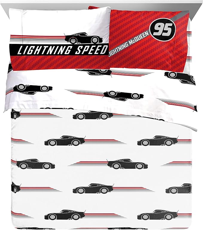 Jay Franco Disney Pixar Cars Racing Machine 7 Piece Queen Bed Set - Includes Comforter & Sheet Set - Bedding Features Lightning McQueen - Super Soft Fade Resistant Microfiber