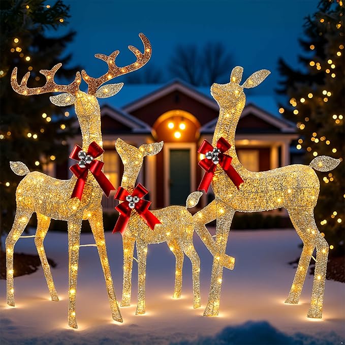 YULETIME 3-Piece Pre-lit 3D Christmas Reindeer Family, Lighted Glitter Christmas Deer Family Holiday Decoration with Warm White LED Lights (3D 3-Piece)