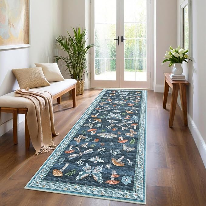 Mushroom Insect Rug 2x6 Runners for Hallways, Boho Kitchen Runner Rugs Non Slip Bath, Modern Washable Rug for Bedroom, Soft Long Rugs for Entryway Bathroom Laundry Dorm, Blue