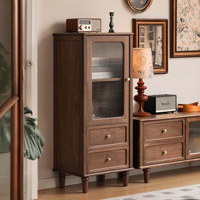 YESWOOD 78.74" L Solid Walnut Wood TV Stand & Side Cabinet, Mid Century Modern Media Console Entertainment Center Table with Storage, Living Room Cabinet with Glass Door & Adjustable Shelf & Drawers