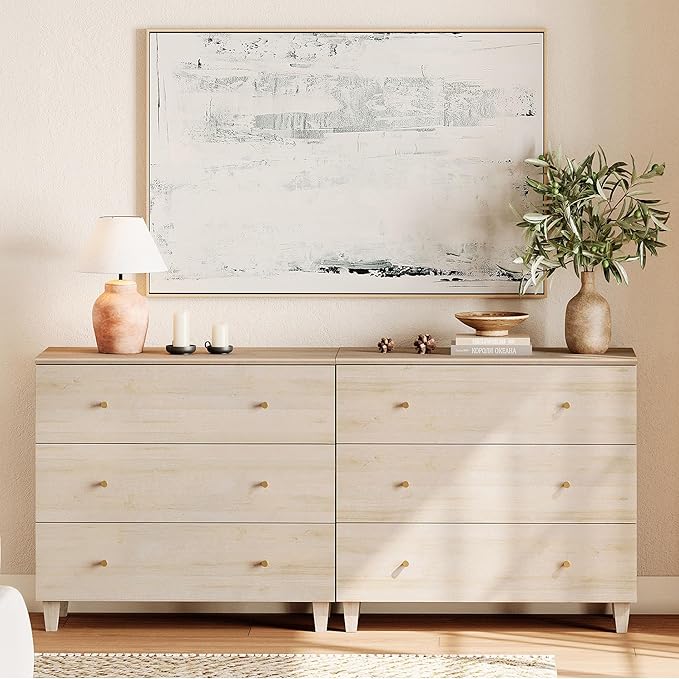 WAMPAT Dresser with 6 Drawers, Bedroom 70.8" Wide Wood Chest of Drawers, Modern Closet Storage Organizer Dressers w/Solid Wood Legs for Living Room, Children's Room, Nursery, Light Oak