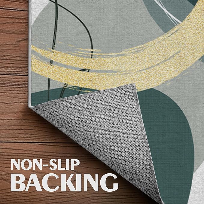 Bathroom Rug 3x5 Entryway Geometric Green Gold Circles Mat Modern Abstract Area Rug Machine Washable Soft Rug Semicircle Carpet for Entrance Beside Living Room Bedroom Kitchen Office Indoor