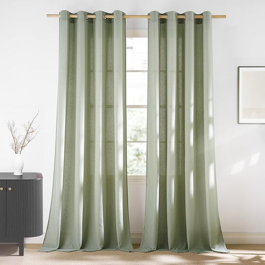 NICETOWN Thick Linen Greyish Green Curtains 84 inches Long for Bedroom, Grommet Linen Blend Semi Sheer Privacy Added Flax Light Filtering Window Treatments for Farmhouse, W55 x L84
