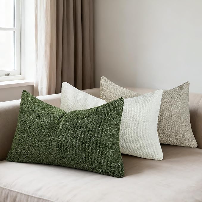 Textured Boucle Pillow Covers 12x20 Inch Set of 2, Striped Solid Pillowcases Cozy Soft Modern Accent Boho Lumbar Decorative Throw Pillows for Couch Sofa Bed Living Room Home Decor, Beige