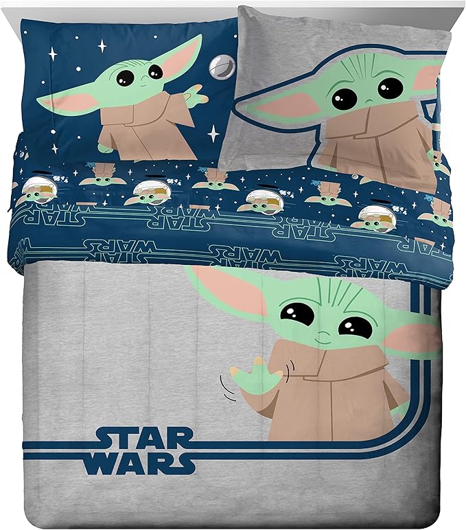 Jay Franco Star Wars The Mandalorian Hello Grogu 7 Piece Queen Size Bed Set - Includes Comforter & Sheet Set - Super Soft Kids Bedding Fade Resistant Microfiber (Official Star Wars Product)