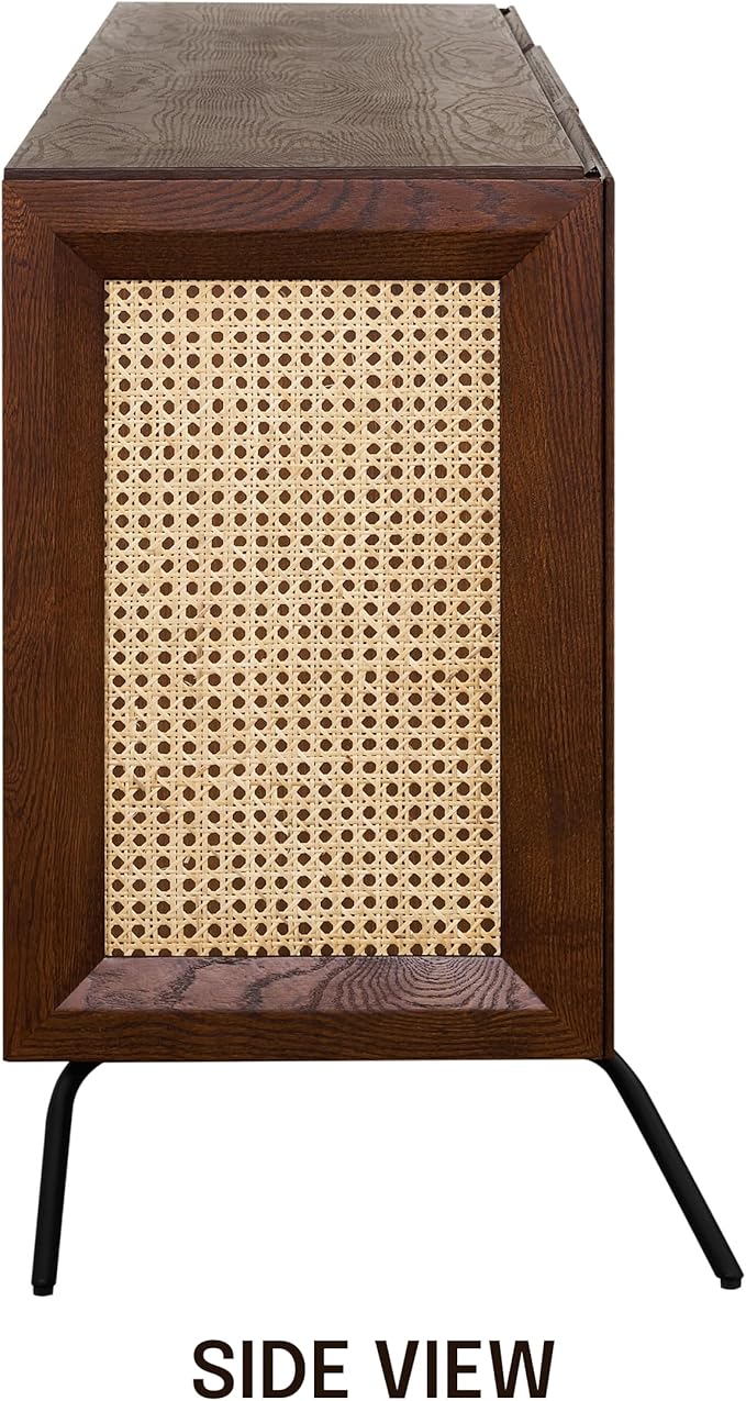 NTC MOSSIC Modern Sideboard with 4 Doors, Natural Rattan Storage Cabinet, Buffet with Metal Legs, Boho Accent Cabinet for Living Room, and Entryway, Effortless Assembly - Dark Walnut