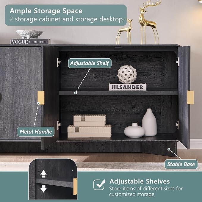 Modern Buffet Cabinet with Storage, 70" Large Sideboard Buffet Storage Cabinet with 4 Doors and Adjustable Shleves, Wooden Curved Coffee Bar for Dining Room, Kitchen, Living Room, Dark Grey