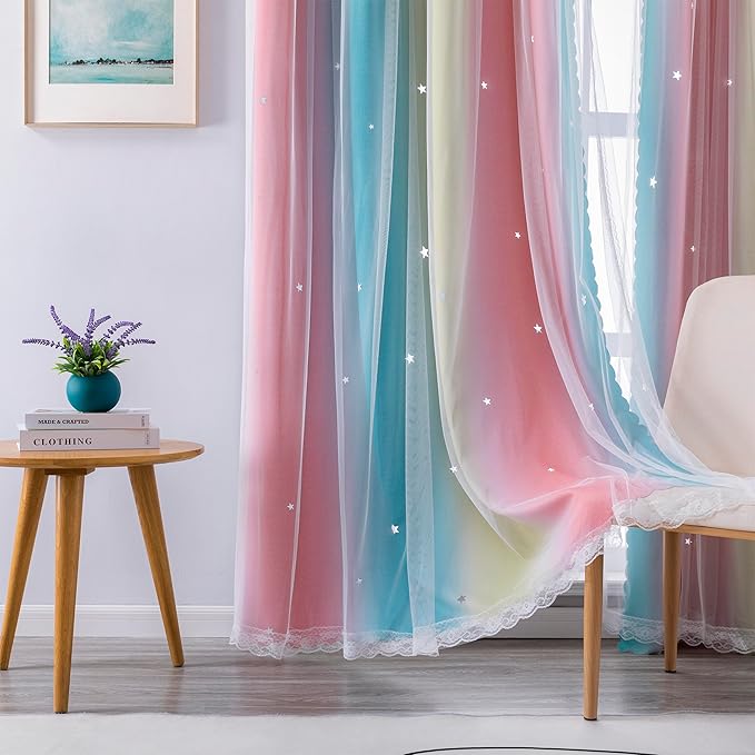 XiDi Dream Star Blackout Curtains for Kids Rooms Girl Princess Curtain for Daughter Bedroom Window (Pink Blue, W52 X L96)