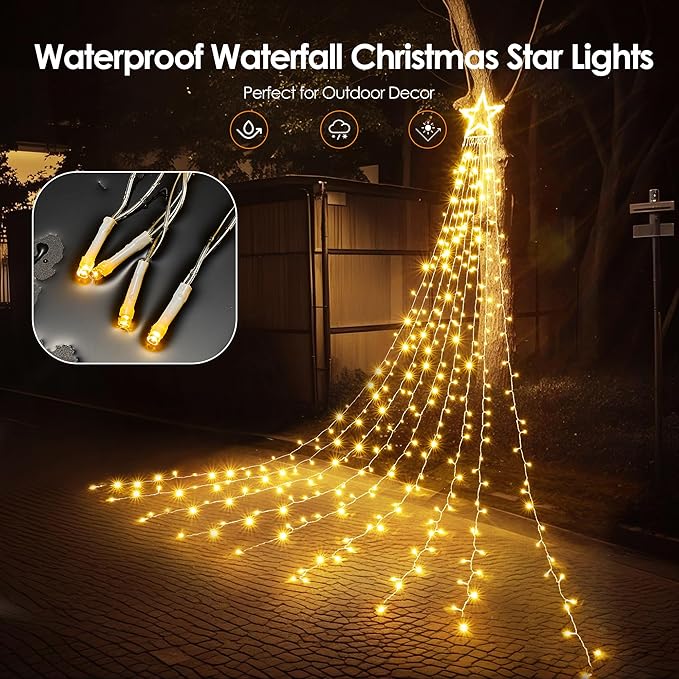 WBao 344 LED Christmas Lights Outdoor Decorations with 12" Star Topper, 11.9ft Waterfall Christmas Lights, Remote Control 8 Modes, Timer, UL Listed Waterproof for Tree Roof Porch Decor, Warm White