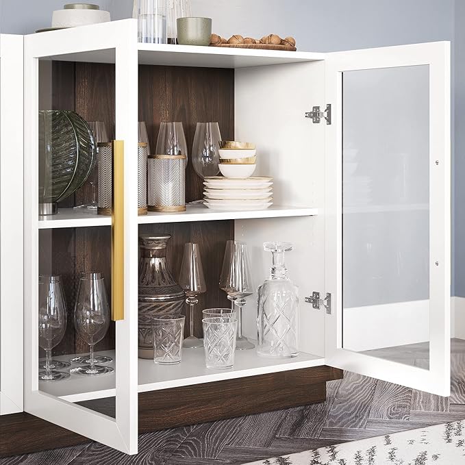 BELLEZE Sideboard Buffet Cabinet, Modern Wood Glass-Buffet-Sideboard with Storage, Console Table for Kitchen, Dining Room, Living Room, Hallway, or Entrance - Brixston (White)