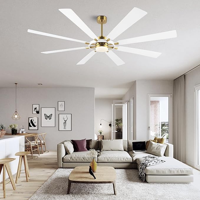 ELEHINSER 80 Inch Ceiling Fan with Lights and 3 Downrods, 8 Plywood Blades, 6-Speed Noiseless Reversible DC Motor, 3CCT, Windmill Ceiling fan for Kitchen Bedroom Living Room, Brass and White