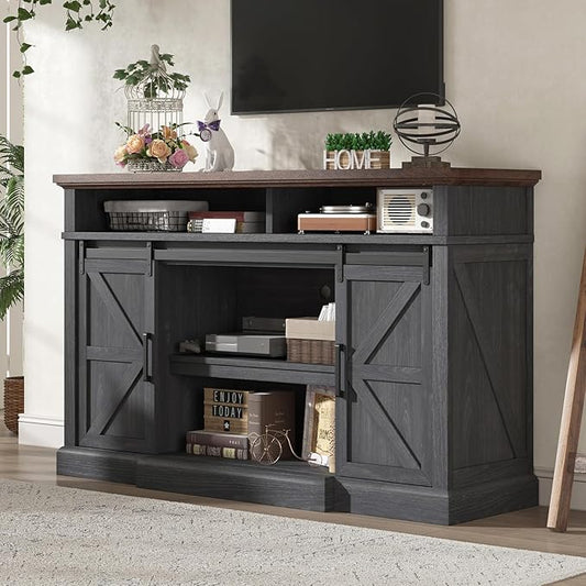 AMERLIFE 66" W Farmhouse TV Stand, Wood 40" H Tall Entertainment Center with Sliding Barn Door & Large Storage Shelves, Rustic Media Console for TVs up to 75", Dark Grey