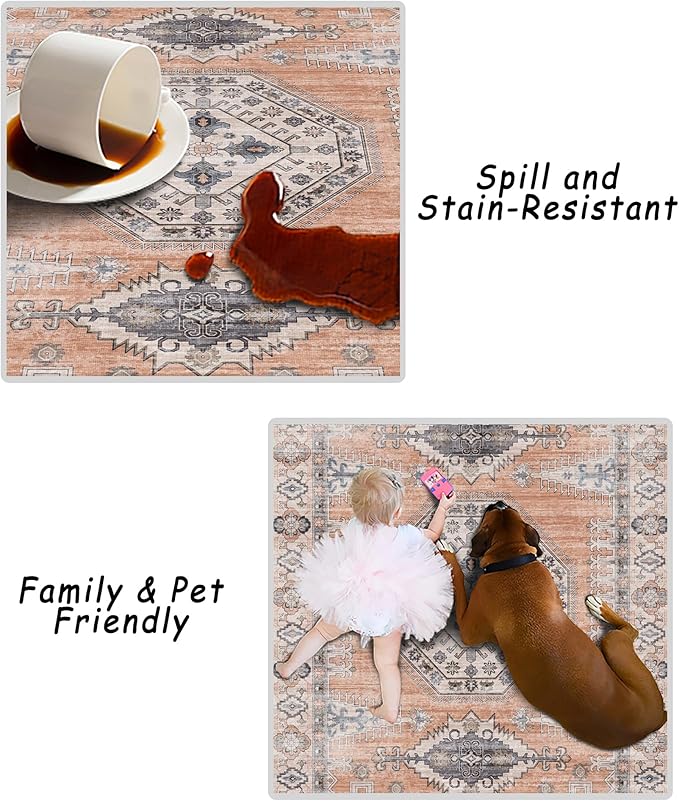 vivorug 4x6 Rug, Small Area Rug for Living Room, Bedroom, Kitchen, Machine Washable Non-Slip Throw Rug, Vintage Distressed Carpet for Entryway Nursery Dinner Room, Orange