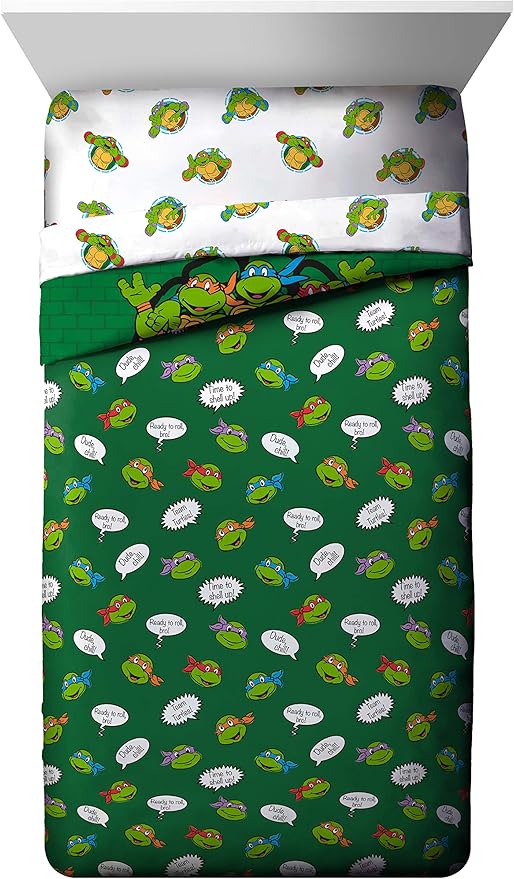 Jay Franco Nickelodeon Teenage Mutant Ninja Turtles Green Bricks 4 Piece Toddler Bed Set - Includes Reversible Comforter & Sheet Set Bedding - Super Soft Fade Resistant Microfiber