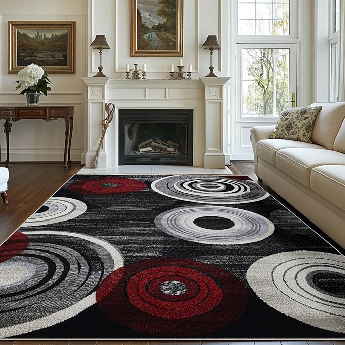 Geometric Area Rug Washable Modern 6x9 Red Black White Rugs for Living Room Bedroom Circle Geometric Soft Non Slip Floor Large Carpet for Entryway Bathroom Office