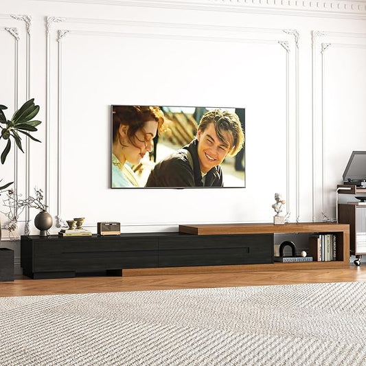 82-110" Extendable TV Stand, Wood Reversible Media Console with 2 Drawers, Modern Entertainment Center for Up to 120 Inch TV for Living Room Bedroom, Black& Walnut