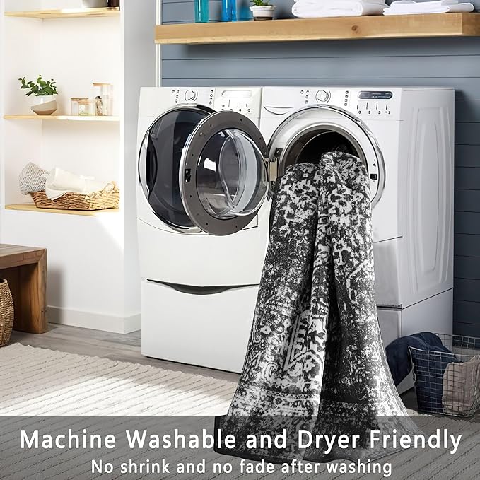 vivorug Black Runner Rug 2x10 Machine Washable Rug with Non-Slip Backing, Ideal for Kitchen Hallway Entryway Laundry Room - Vintage, Durable, Easy Clean, Low Pile Carpet Runner