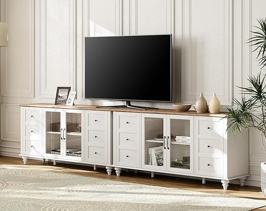 WAMPAT 116'' Farmhouse TV Stand for TVs Up to110 inch TV, White Entertainment Center with Solid Wood Legs, Glass Door Universal TV Console Table Storage Cabinet for 32-110 inch TV，White