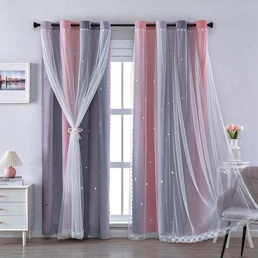 XiDi Curtains for Bedroom Decor, Rainbow Pink-Grey-34-96