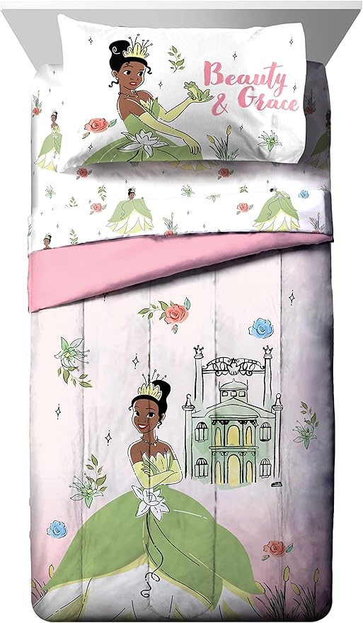 Jay Franco Disney The Princess and The Frog Beauty & Grace 7 Piece Full Size Bed Set - Includes Comforter & Sheet Set Featuring Tiana - Super Soft Bedding Fade Resistant Microfiber (Official Product)