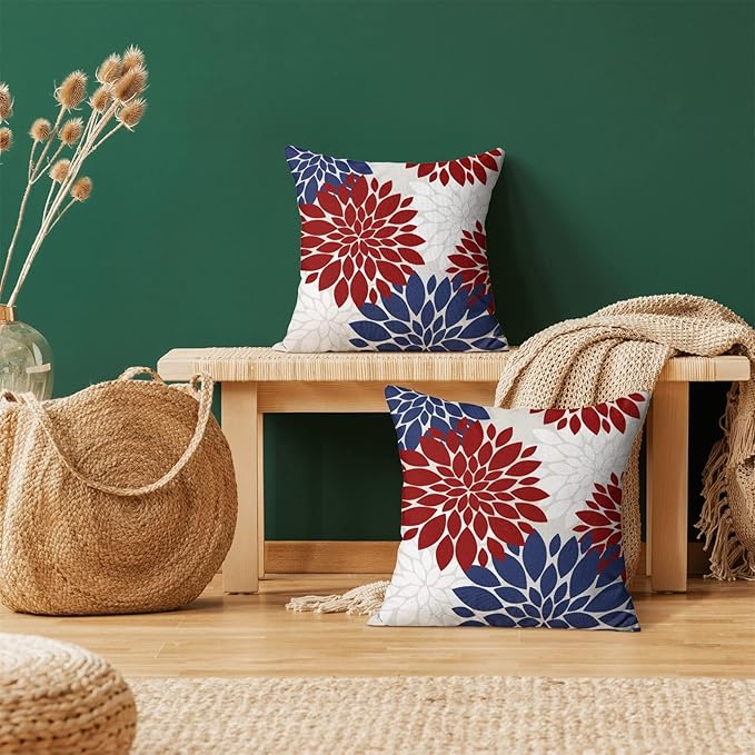 4th of July Pillow Covers 22x22 Inch Set of 2 Patriotic Themed Navy Blue Red White Dahlia Floral Decor Throw Pillows Modern Geometry Flower Outdoor Decorative Cushion Cases for Sofa Couch Bed