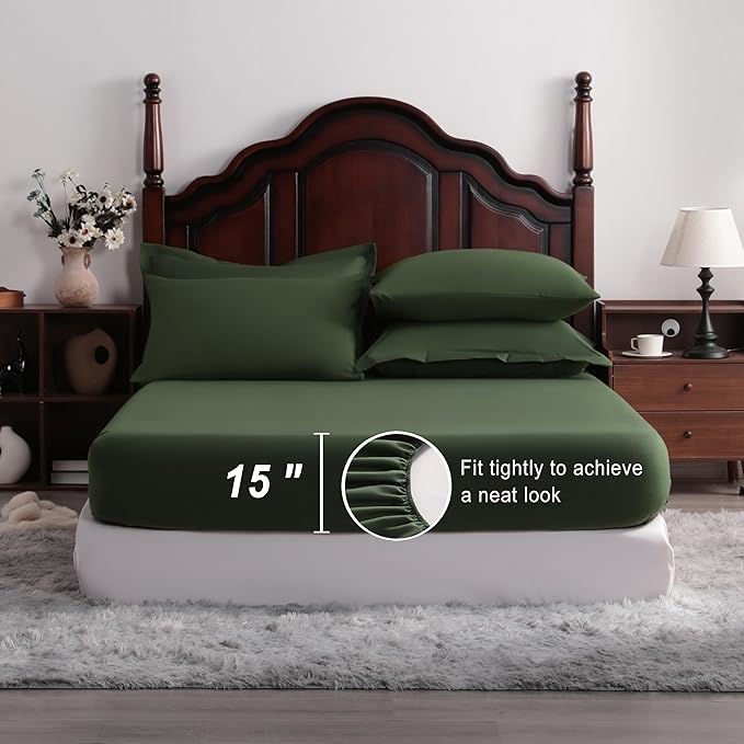 NTBAY Queen Comforter Set with Sheets, 7 Pieces Soft and Breathable Queen Bedding Set, Bed in a Bag, Down Alternative Comforter Set Solid Color All Season, Queen Bedding Set, Olive Green