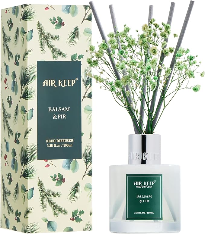 Airkeep Reed Diffuser Set,3.38 fl oz (100 ml) - Balsam & Fir Oil Diffusers with 8 Reed Sticks,Home Fragrance Reed Diffuser for Bathroom Shelf Decor Winter Fragrance